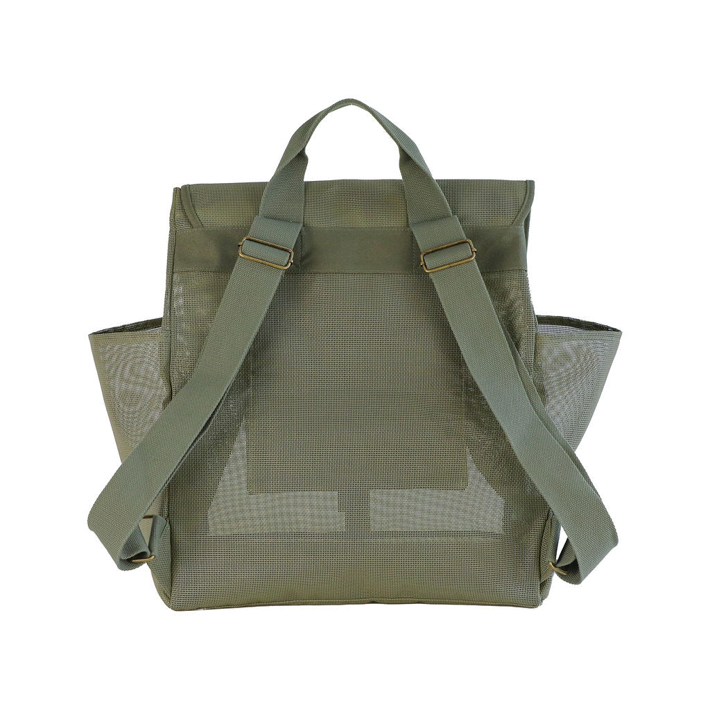A studio image of the Sande Beach Hauler mesh backpack in Pandanus Green, shown from the side to highlight its spacious design and practical features. This side view emphasises the large side mesh pockets, adjustable straps, and the handle at the top. The backpack is set against a white background, showcasing its durability and ideal design for beach trips and outdoor adventures.