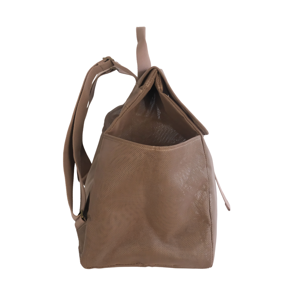 Side view of the Sande™ Beach Hauler mesh backpack in Espresso chocolate brown colour on a white background, highlighting backpack strap features and convenient side pockets.