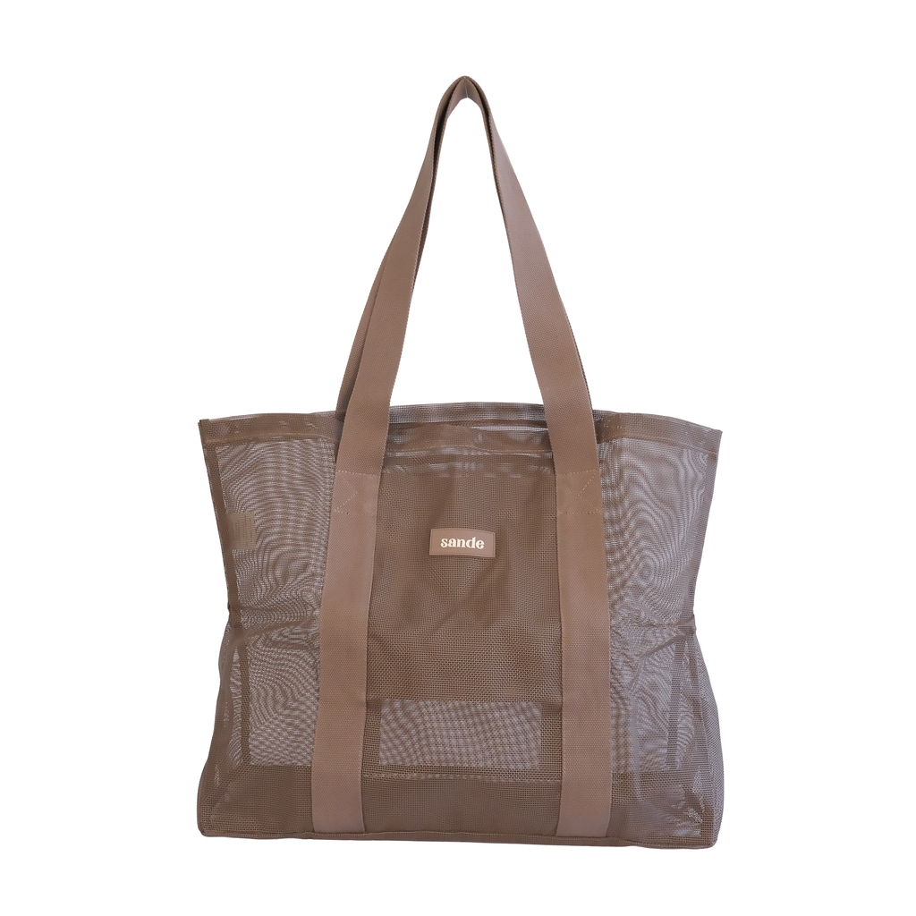 Front view of the Sande™ mesh beach bag tote in Espresso Brown with a Sande logo, featuring large capacity and comfortable cotton straps. Shown on a white background, this durable mesh beach bag is perfect for carrying beach essentials, market trips, and outdoor adventures.