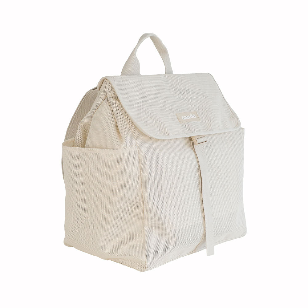 45-degree angled view of the Sande  Beach Hauler mesh backpack in neutral Sand color, designed for family beach outings.
