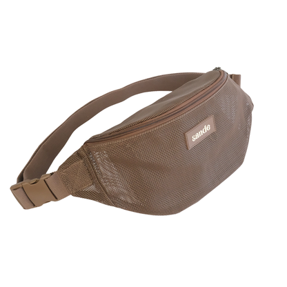 45º angled view of the Sande Essentials Crossbody Bag in Espresso on a white background, highlighting the mesh fabric, silicone Sande logo, YKK zip, YKK secure clip and adjustable strap. The overall silhouette reflects a classic bum bag shape.