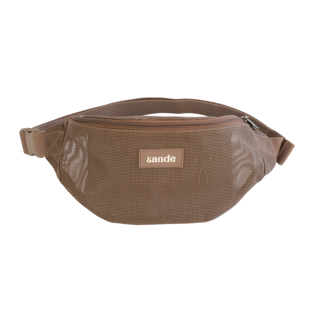 Front view of the Sande Essentials Crossbody Bag in Espresso, featuring mesh fabric, a silicone Sande logo and a YKK zip, displayed on a white background.