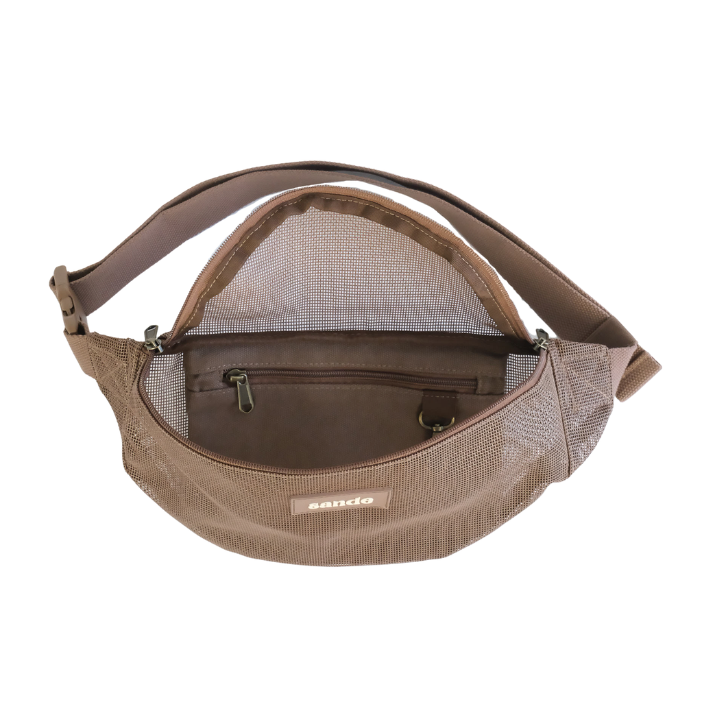 Front view of the Sande Essentials Crossbody Bag in Espresso on a white background, shown open to reveal the internal secure canvas pocket and key clip. The internal arrangement is uniquely designed by Sande.