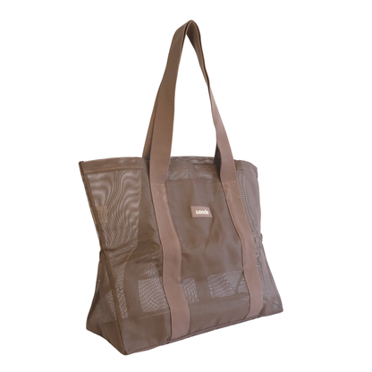 Front view of the Sande™ mesh beach bag tote in Espresso Brown with a Sande logo, featuring large capacity and comfortable cotton straps. Shown on a white background, this durable mesh beach bag is perfect for carrying beach essentials, market trips, and outdoor adventures.