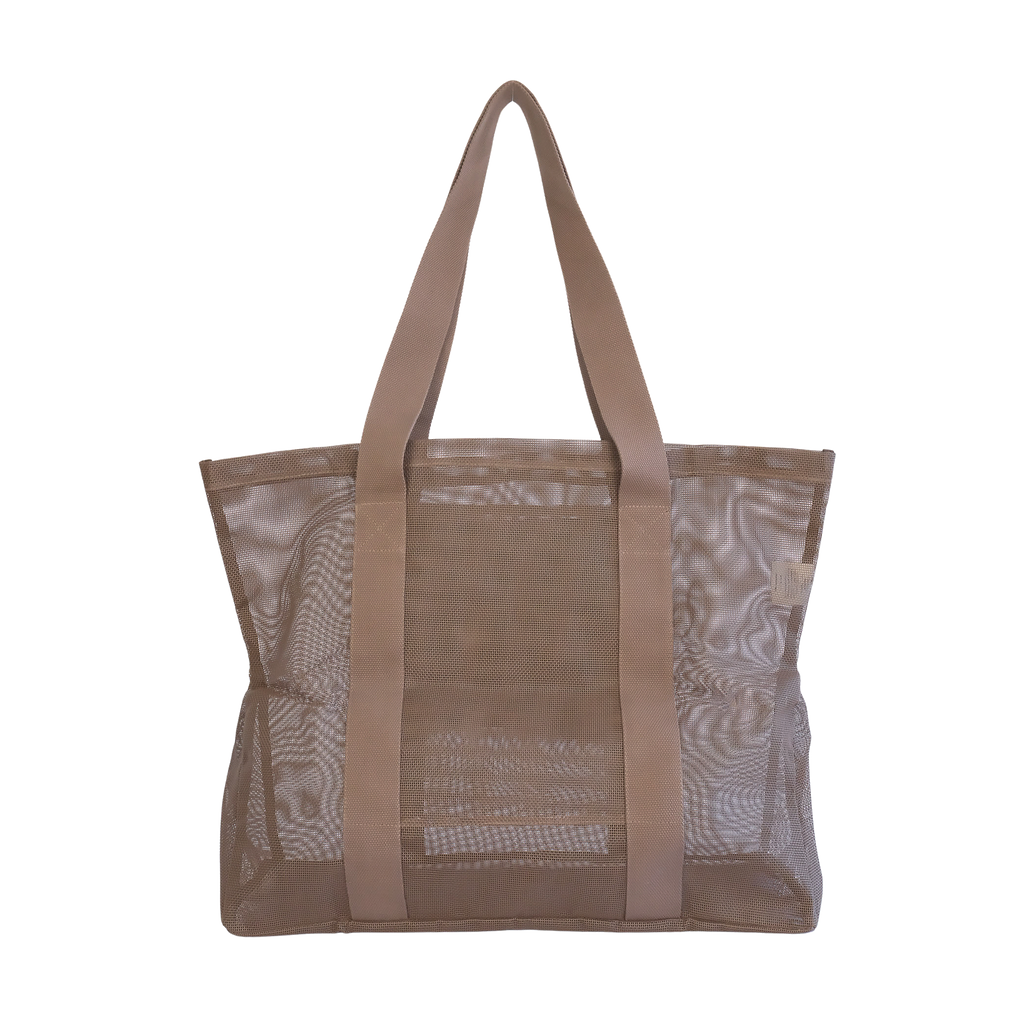 Back view of the Sande™ mesh beach bag tote in Espresso Brown, showing the thick comfortable cotton straps and spacious design. Shown on a white background, this durable mesh beach bag is perfect for carrying beach essentials, market trips, and outdoor adventures.
