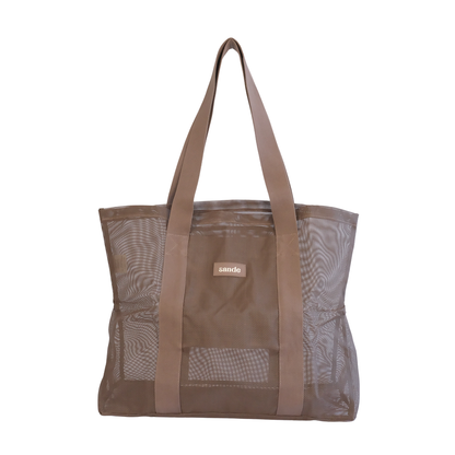 Front view of the Sande™ mesh beach bag tote in Espresso Brown with a Sande logo, featuring large capacity and comfortable cotton straps. Shown on a white background, this durable mesh beach bag is perfect for carrying beach essentials, market trips, and outdoor adventures.