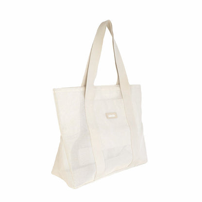 Front view of the Sande Beach Hauler Mini mesh beach bag in Sand/neutral colorway against a white background. This stylish and functional beach bag is designed for families, showcasing its spacious interior and durable mesh fabric, perfect for beach outings and outdoor activities.