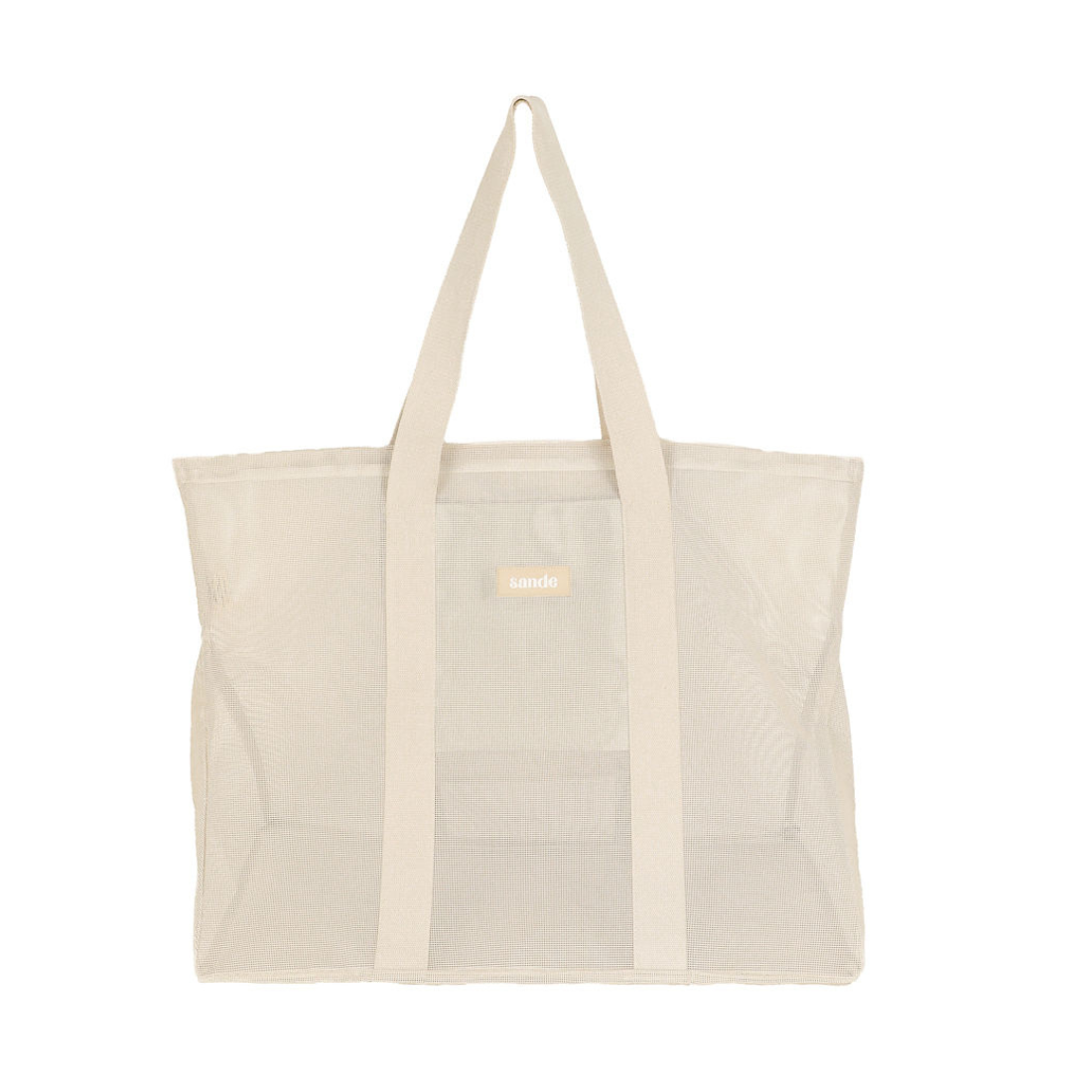 Front view of the original Sande™ Beach Hauler mesh beach bag in Sand (neutral), showcasing its spacious design, durable mesh fabric, and family-friendly features, perfect for beach trips and outdoor adventures.