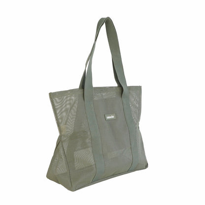 Side view of Sande Beach Hauler Mini mesh beach bag in Pandanus green, shown on a white background, highlighting its large design and durable mesh material.