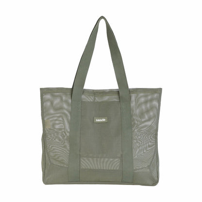 Front view of Sande Beach Hauler -Mini mesh beach bag in Pandanus green, shown on a white background, highlighting its large unique design.