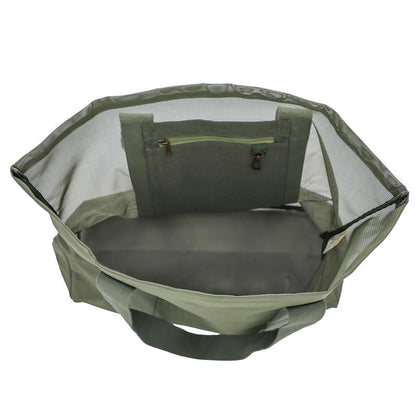 Top view of the Sande Beach Hauler Mini mesh beach bag in Pandanus green on a white background, highlighting spacious interior, functional pockets and practical design.