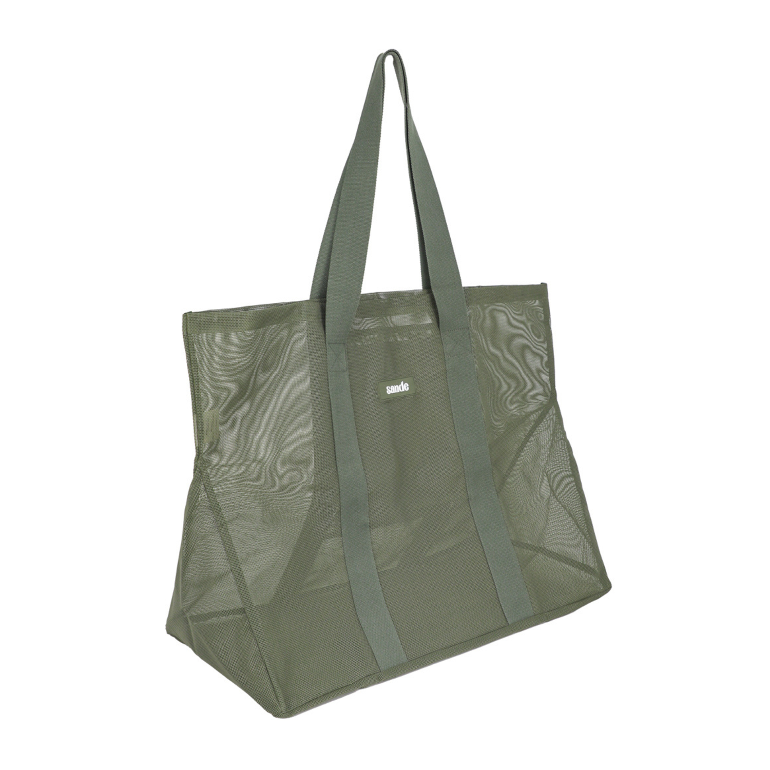 Side view of the Sande Kids mesh beach bag - the Beach Hauler in Pandanus green.