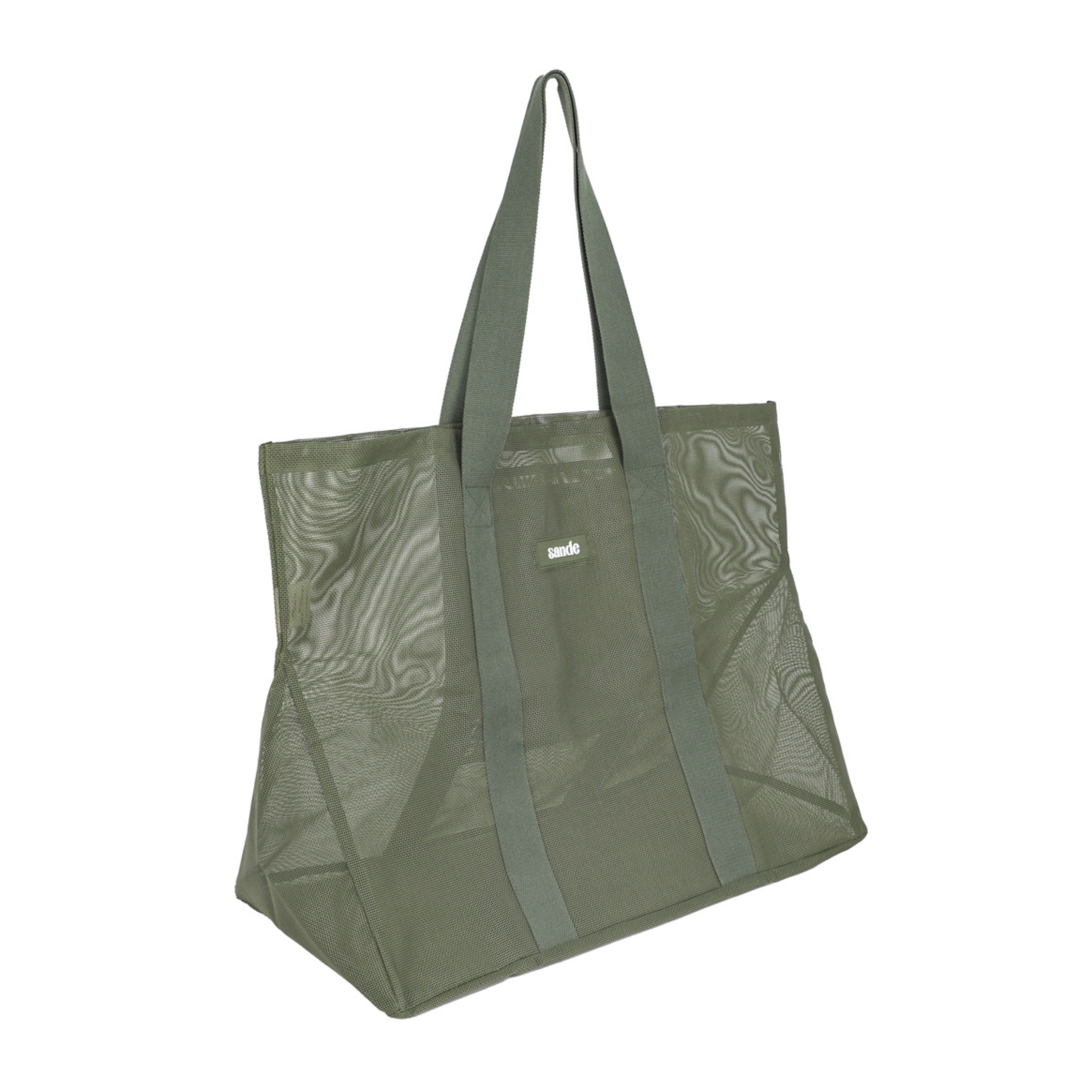 Side view of the Sande Kids mesh beach bag - the Beach Hauler in Pandanus green.