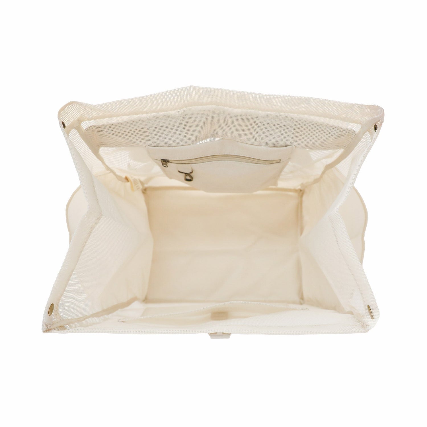 Interior view of the Sande Beach Hauler mesh backpack, highlighting secure canvas pocket, key clip, and large internal mesh pocket for organised storage of beach essentials.